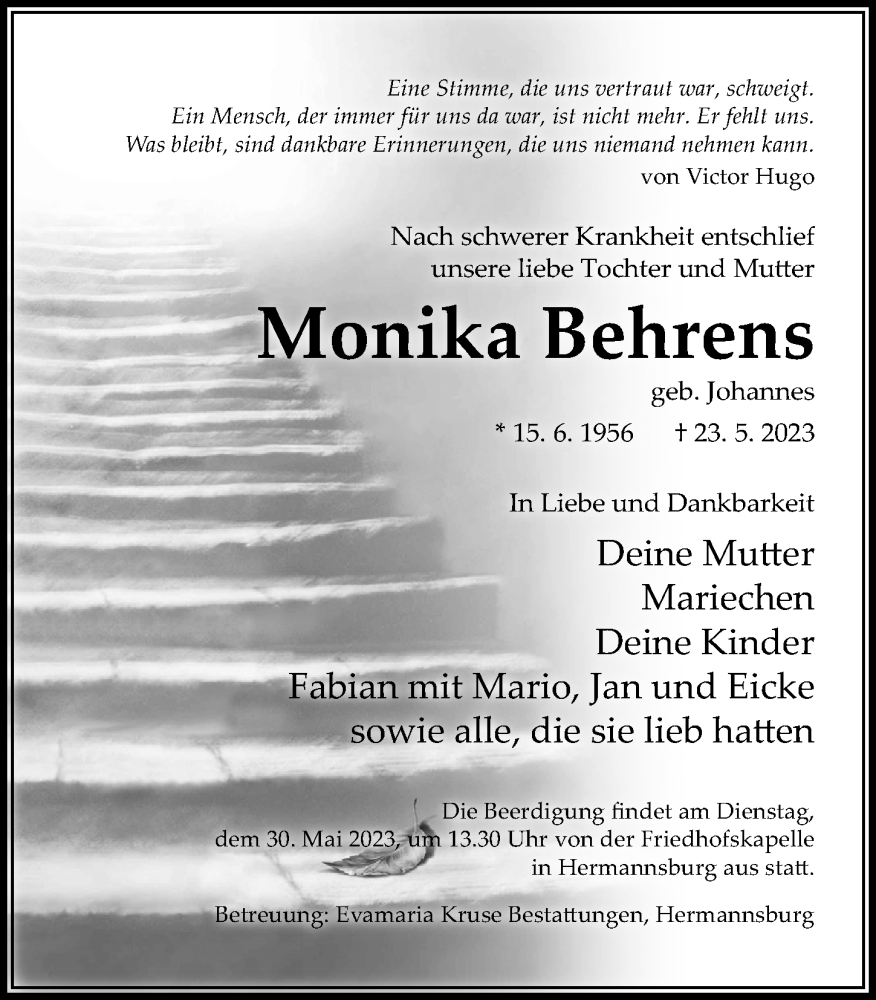  Traueranzeige für Monika Behrens vom 26.05.2023 aus Cellesche Zeitung