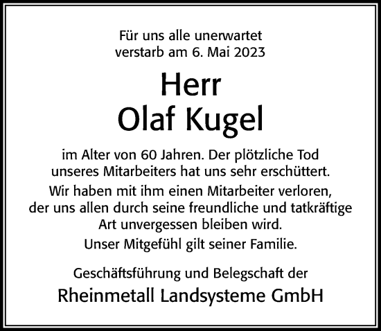 Traueranzeige von Olaf Kugel von Cellesche Zeitung