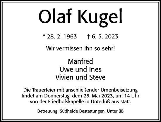 Traueranzeige von Olaf Kugel von Cellesche Zeitung