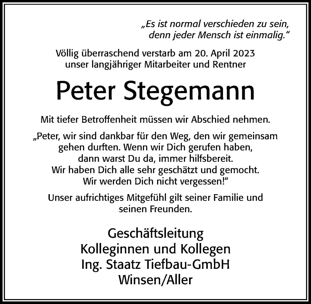  Traueranzeige für Peter Stegemann vom 06.05.2023 aus Cellesche Zeitung