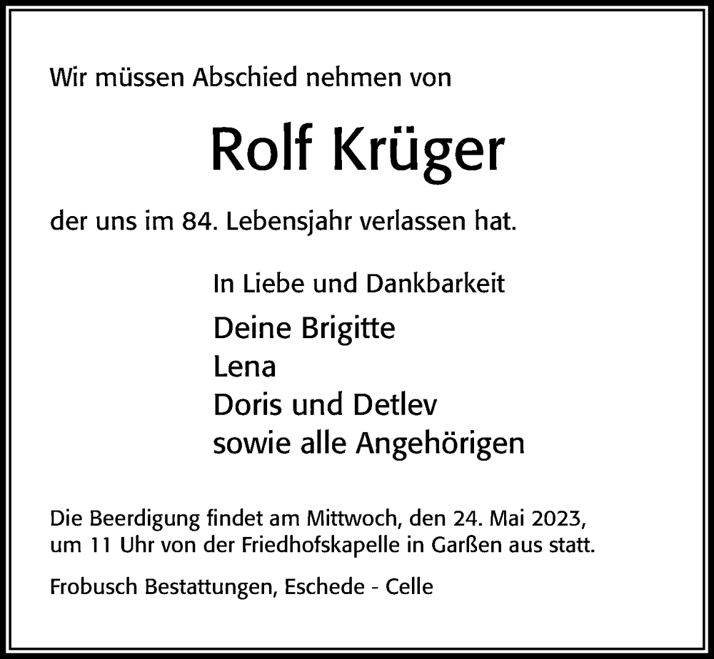  Traueranzeige für Rolf Krüger vom 20.05.2023 aus Cellesche Zeitung