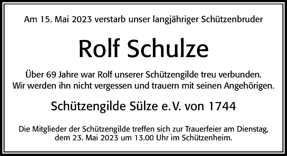  Traueranzeige für Rolf Schulze vom 20.05.2023 aus Cellesche Zeitung