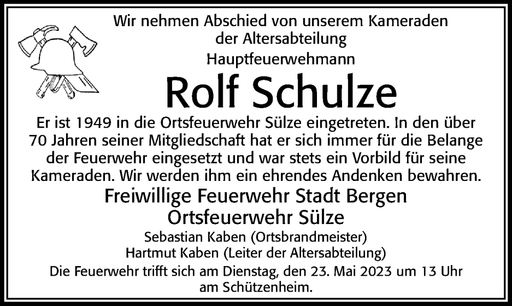  Traueranzeige für Rolf Schulze vom 23.05.2023 aus Cellesche Zeitung