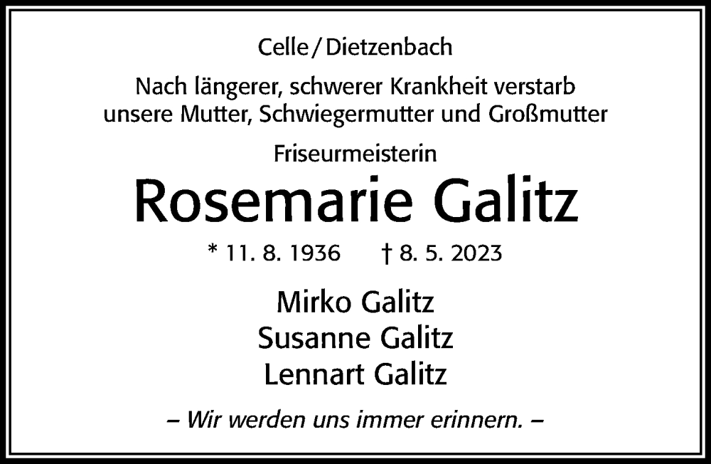  Traueranzeige für Rosemarie Galitz vom 20.05.2023 aus Cellesche Zeitung