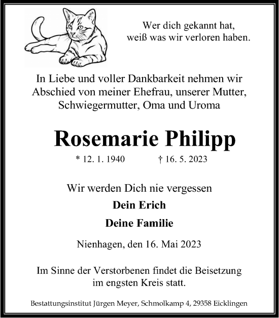 Traueranzeige von Rosemarie Philipp von Cellesche Zeitung