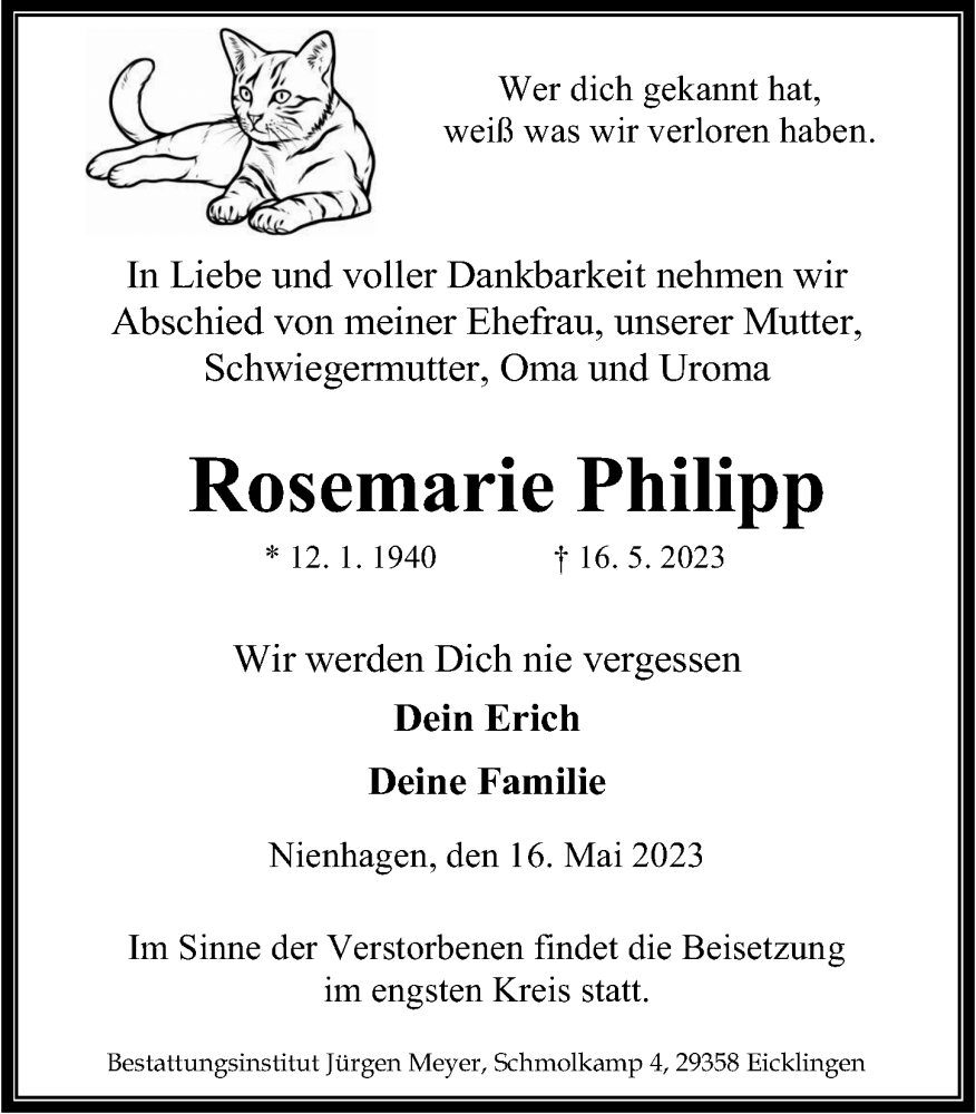  Traueranzeige für Rosemarie Philipp vom 20.05.2023 aus Cellesche Zeitung