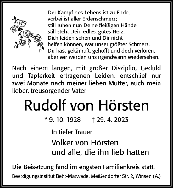Traueranzeige von Rudolf von Hörsten von Cellesche Zeitung