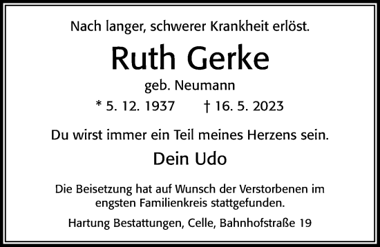Traueranzeige von Ruth Gerke von Cellesche Zeitung