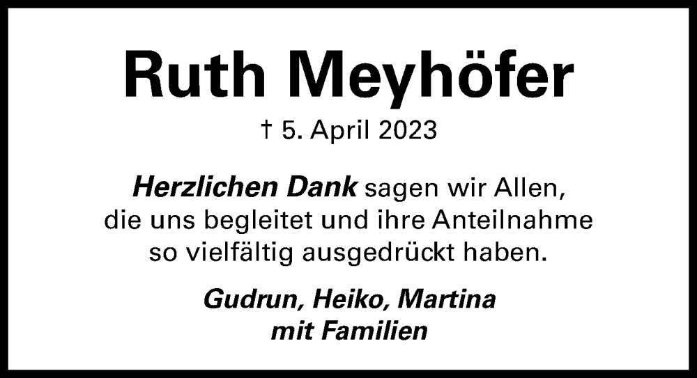  Traueranzeige für Ruth Meyhöfer vom 26.05.2023 aus Cellesche Zeitung