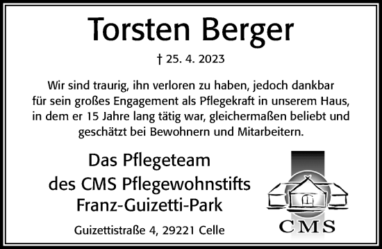 Traueranzeige von Torsten Berger von Cellesche Zeitung