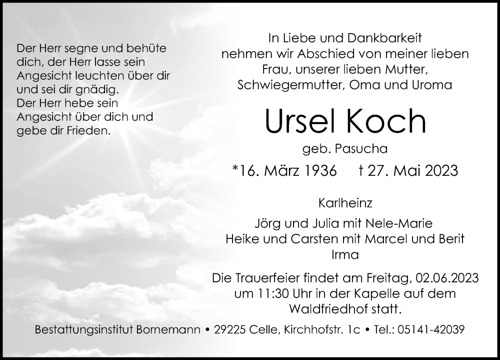  Traueranzeige für Ursel Koch vom 31.05.2023 aus Cellesche Zeitung