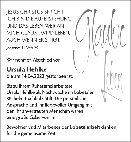 Traueranzeige von Ursula Hehlke von Cellesche Zeitung