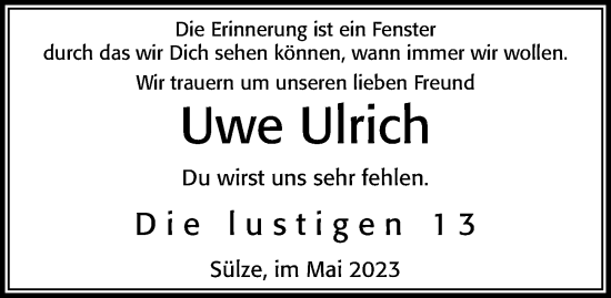 Traueranzeige von Uwe Ulrich von Cellesche Zeitung