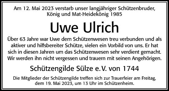 Traueranzeige von Uwe Ulrich von Cellesche Zeitung