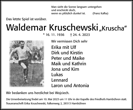 Traueranzeige von Waldemar Kruschewski von Cellesche Zeitung