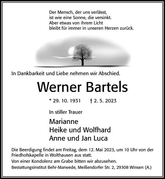 Traueranzeige von Werner Bartels von Cellesche Zeitung