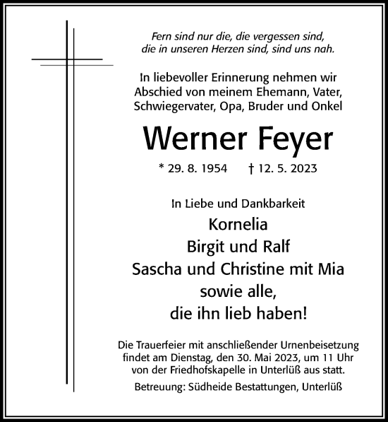 Traueranzeige von Werner Feyer von Cellesche Zeitung