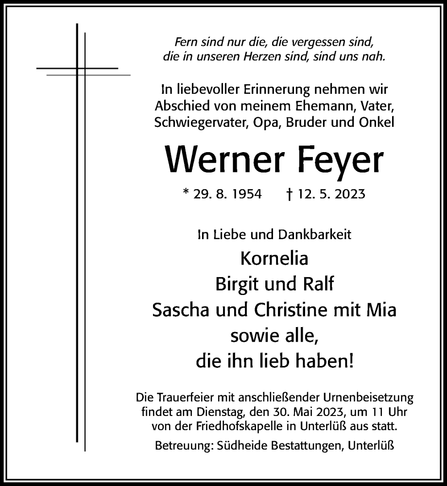  Traueranzeige für Werner Feyer vom 23.05.2023 aus Cellesche Zeitung