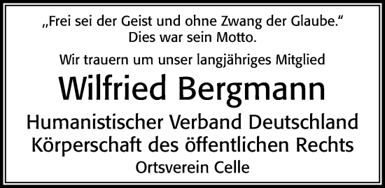 Traueranzeige von Wilfried Bergmann von Cellesche Zeitung