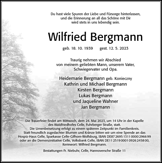 Traueranzeige von Wilfried Bergmann von Cellesche Zeitung