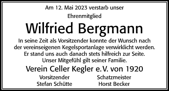 Traueranzeige von Wilfried Bergmann von Cellesche Zeitung