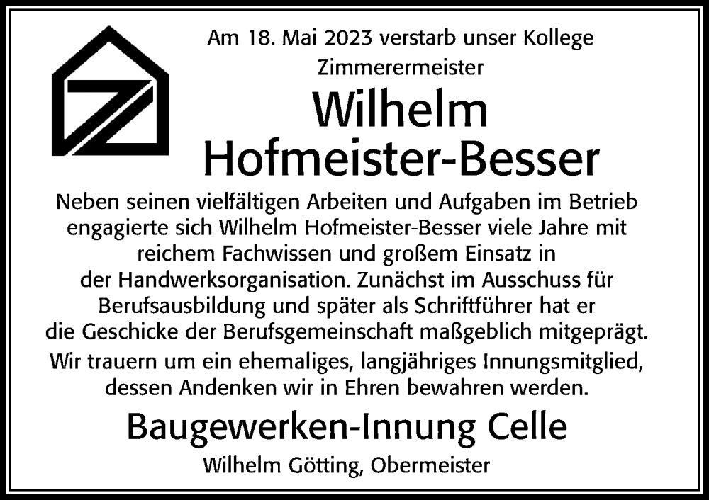  Traueranzeige für Wilhelm Hofmeister-Besser vom 24.05.2023 aus Cellesche Zeitung