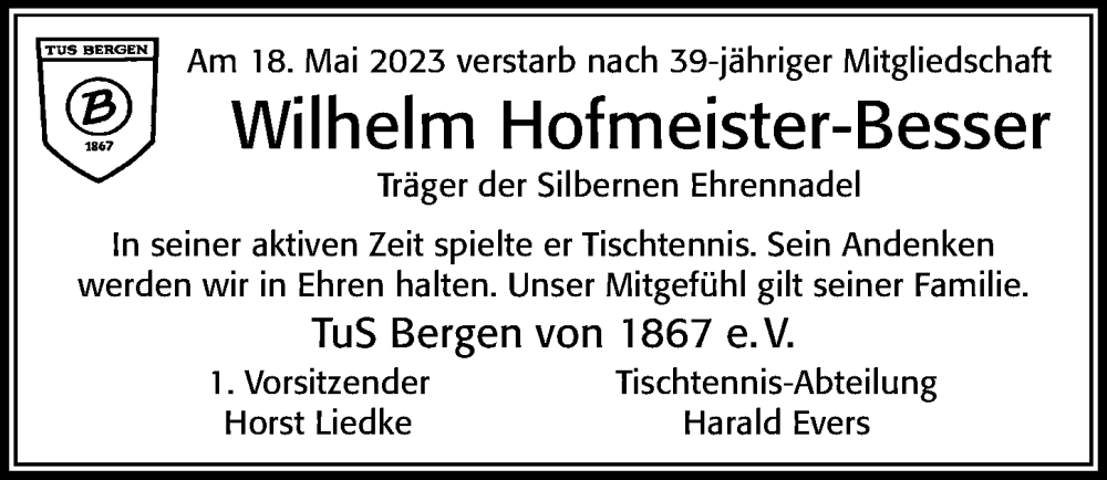  Traueranzeige für Wilhelm Hofmeister-Besser vom 25.05.2023 aus Cellesche Zeitung