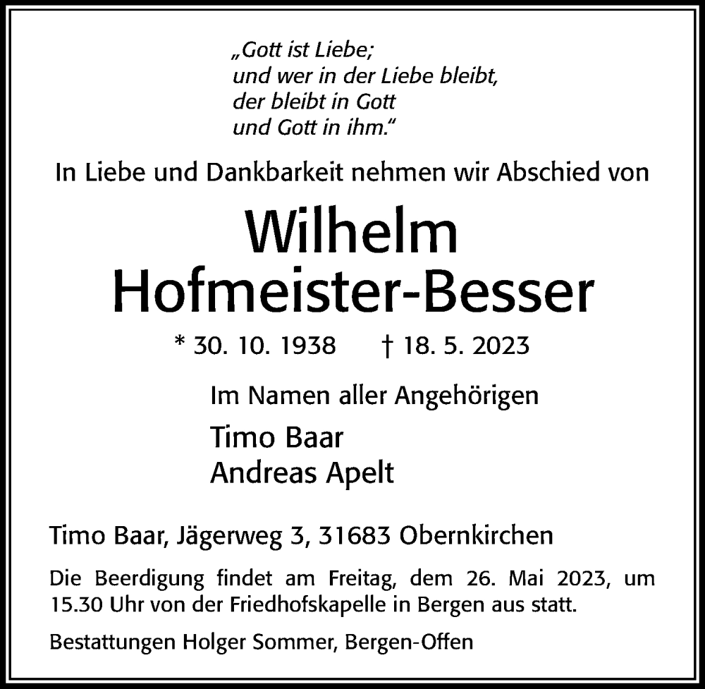  Traueranzeige für Wilhelm Hofmeister-Besser vom 23.05.2023 aus Cellesche Zeitung