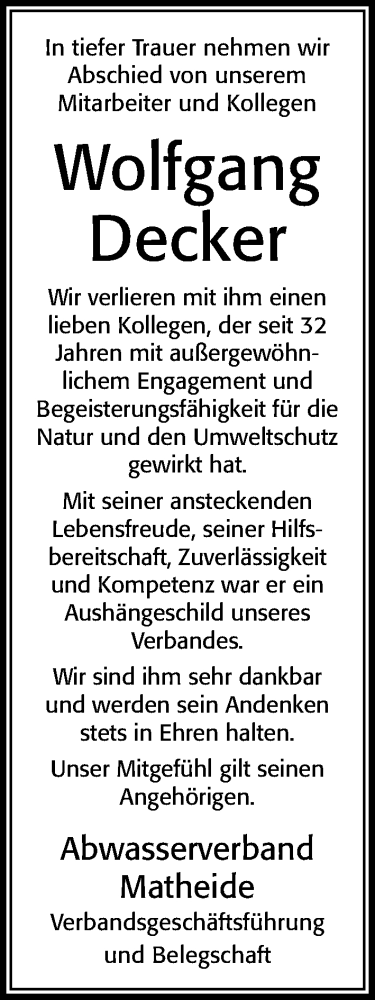 Traueranzeige von Wolfgang Decker von Cellesche Zeitung