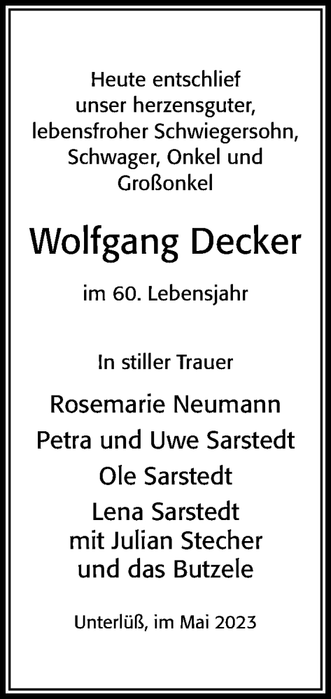 Traueranzeige von Wolfgang Decker von Cellesche Zeitung