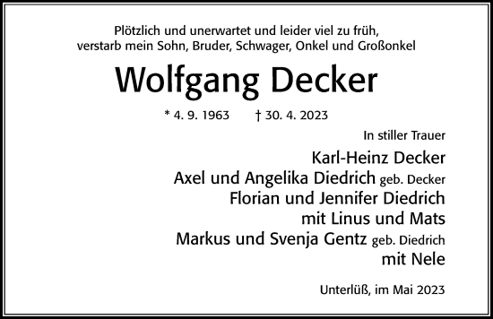 Traueranzeige von Wolfgang Decker von Cellesche Zeitung