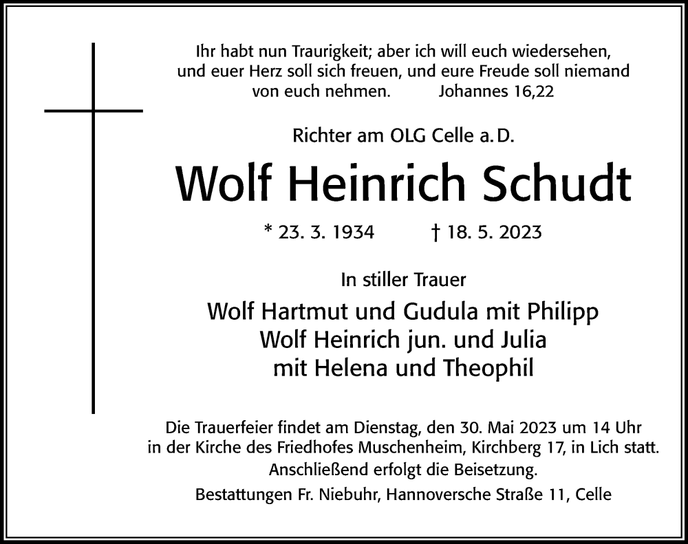  Traueranzeige für Wolf Heinrich Schudt vom 24.05.2023 aus Cellesche Zeitung