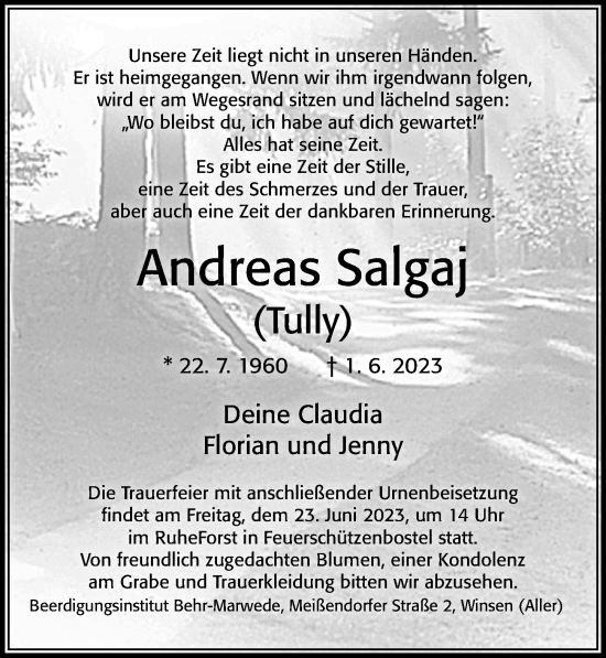 Traueranzeige von Andreas Salgaj von Cellesche Zeitung