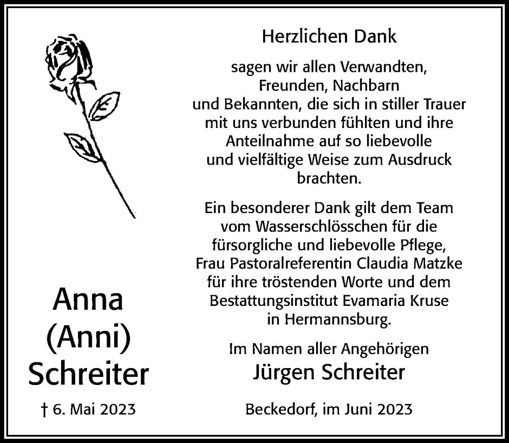  Traueranzeige für Anna Schreiter vom 03.06.2023 aus Cellesche Zeitung