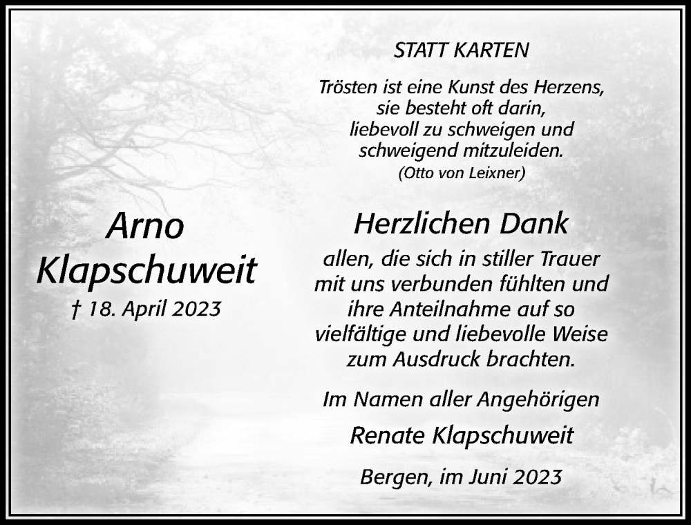  Traueranzeige für Arno Klapschuweit vom 03.06.2023 aus Cellesche Zeitung