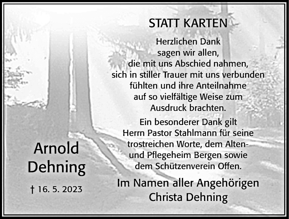  Traueranzeige für Arnold Dehning vom 23.06.2023 aus Cellesche Zeitung