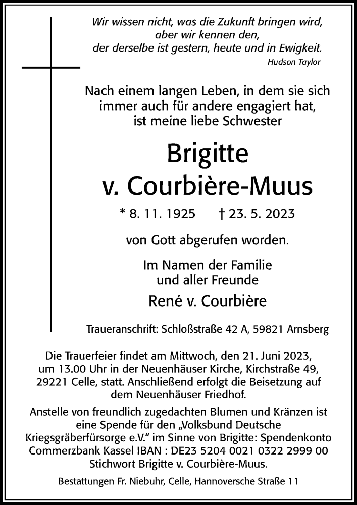  Traueranzeige für Brigitte v. Courbiere-Muus vom 03.06.2023 aus Cellesche Zeitung