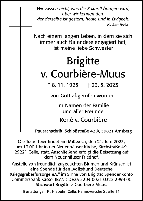 Traueranzeige von Brigitte v. Courbiere-Muus von Cellesche Zeitung