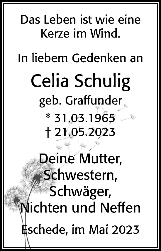  Traueranzeige für Celia Schulig vom 03.06.2023 aus Cellesche Zeitung