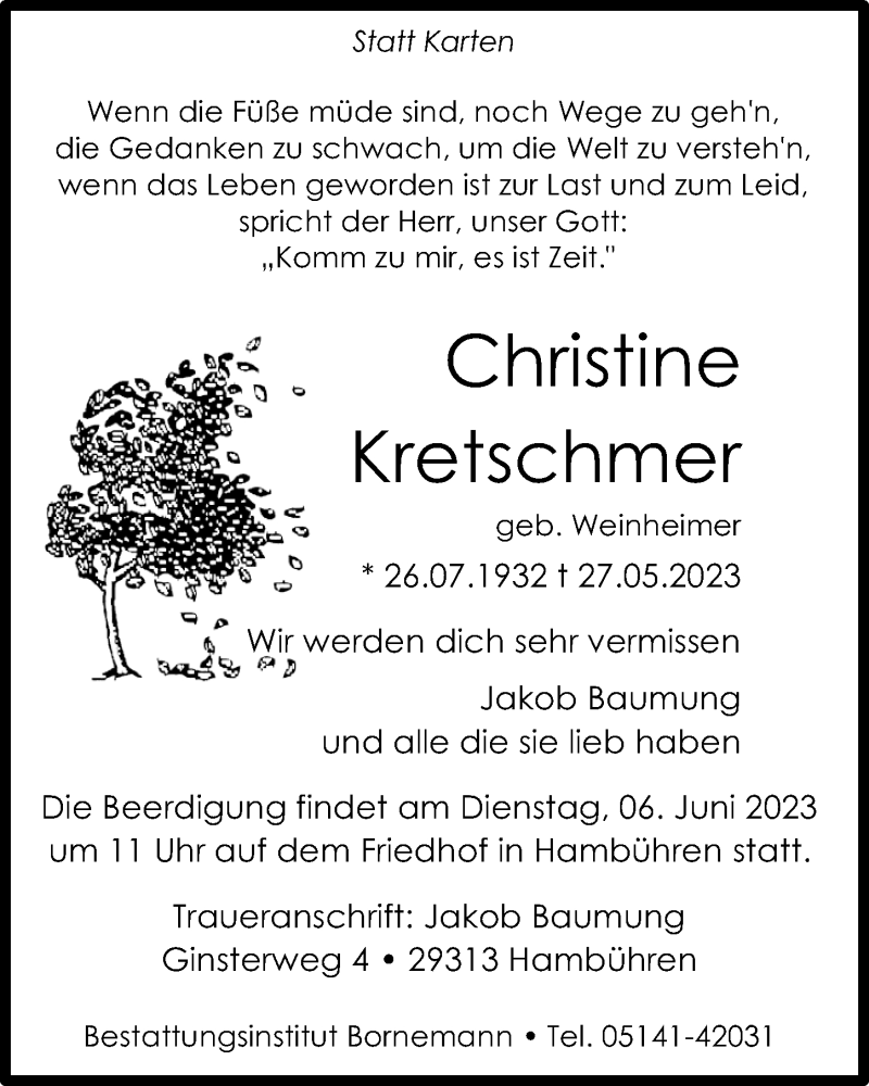  Traueranzeige für Christine Kretschmer vom 03.06.2023 aus Cellesche Zeitung