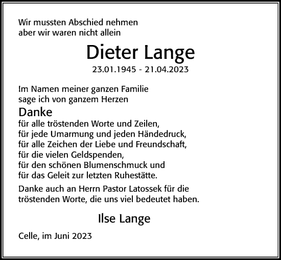 Traueranzeige von Dieter Lange von Cellesche Zeitung