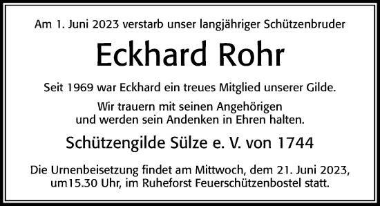 Traueranzeige von Eckhard Rohr von Cellesche Zeitung