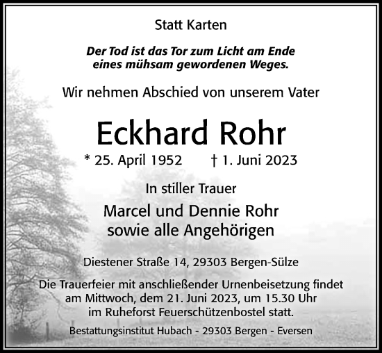 Traueranzeige von Eckhard Rohr von Cellesche Zeitung