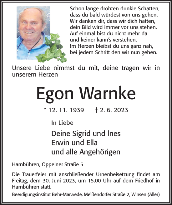 Traueranzeige von Egon Warnke von Cellesche Zeitung