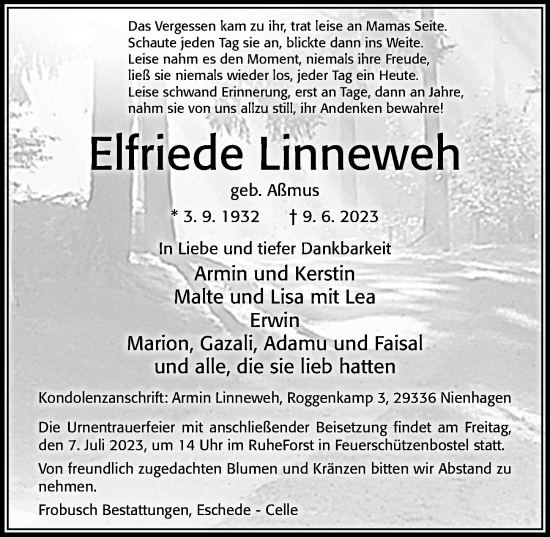 Traueranzeige von Elfriede Linneweh von Cellesche Zeitung