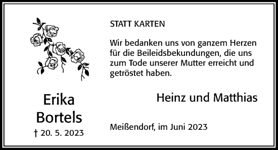Traueranzeige von Erika Bortels von Cellesche Zeitung