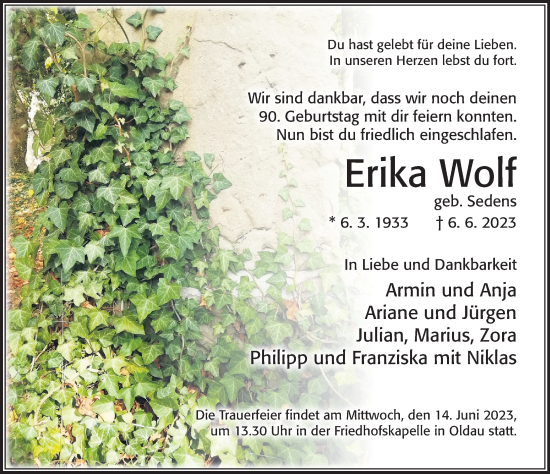 Traueranzeige von Erika Wolf von Cellesche Zeitung