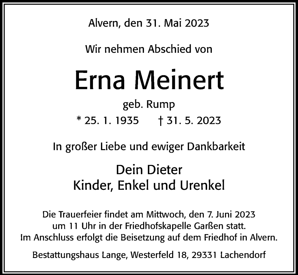  Traueranzeige für Erna Meinert vom 03.06.2023 aus Cellesche Zeitung