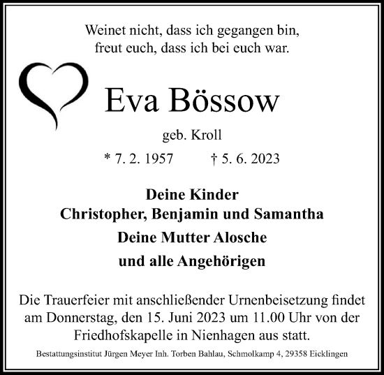 Traueranzeige von Eva Bössow von Cellesche Zeitung