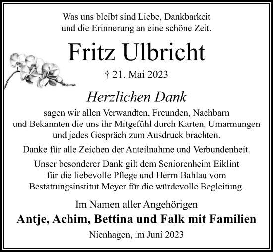 Traueranzeige von Fritz Ulbricht von Cellesche Zeitung